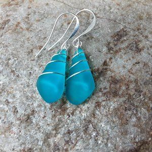 Pacific Beach Blue Sea glass earrings, Wire wrapped in silver,
